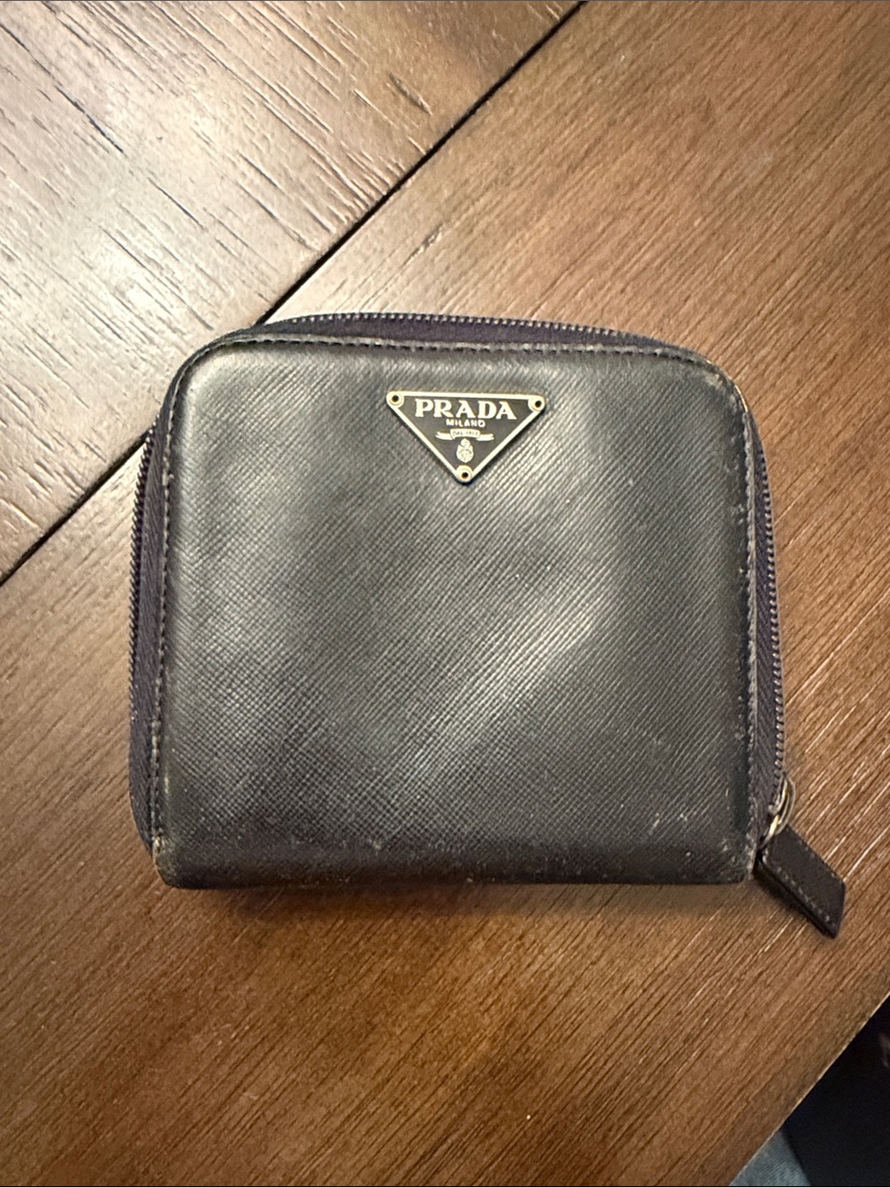 Authentic Prada black Saffiano Leather Zip Wallet with Triangle Logo